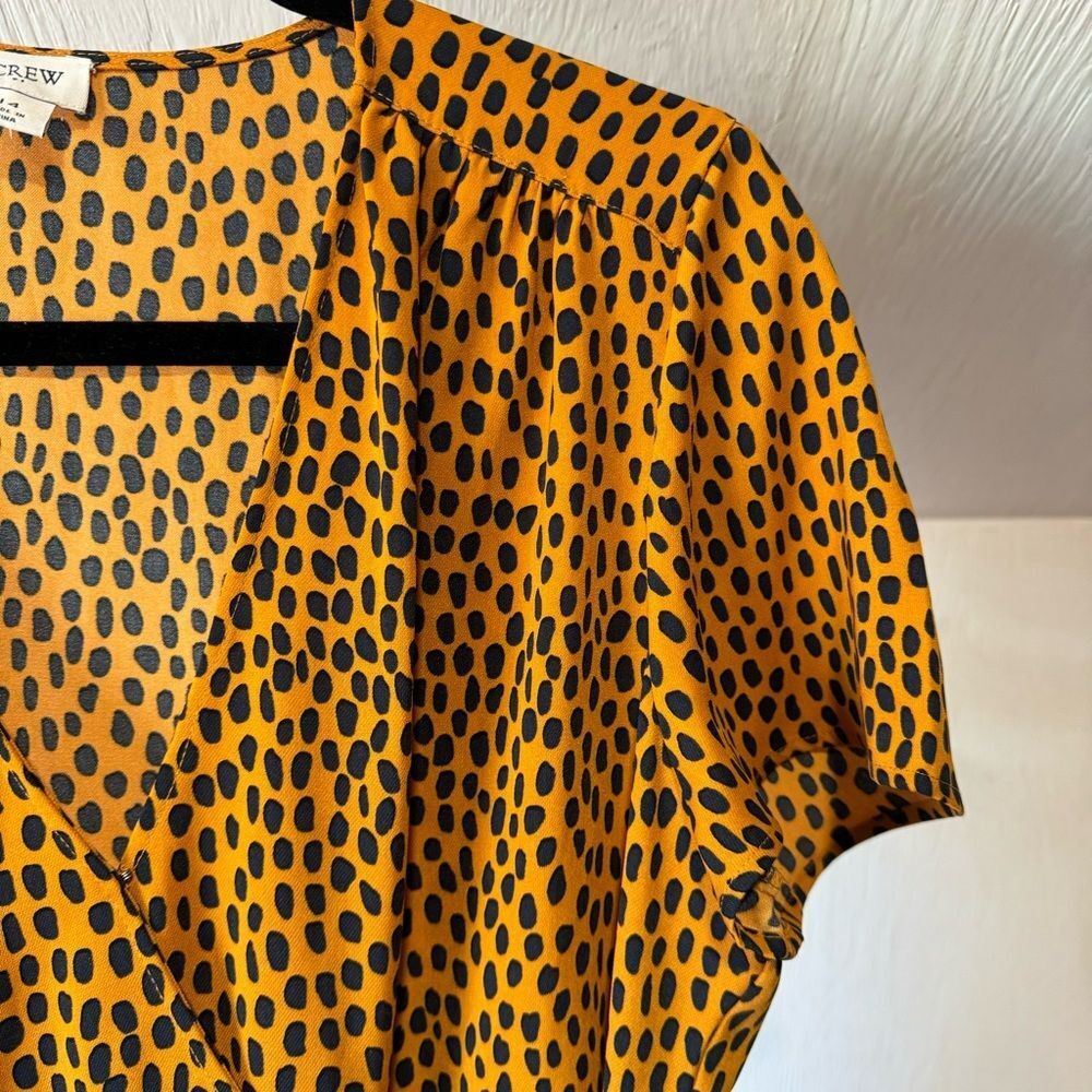 J.Crew Drapey Cheetah Print Twill Wrap Dress with Black Dot Print Mustard - Picture 7 of 9